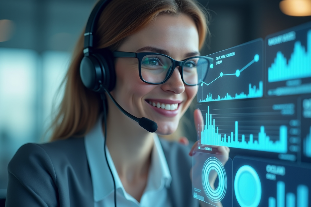 Agent de support souriant avec interface holographique d