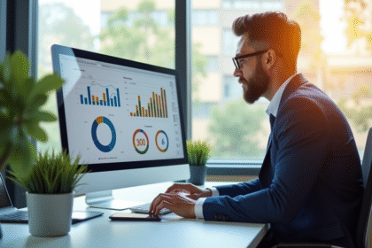 Analyste confiant examinant des graphiques dans un bureau lumineux