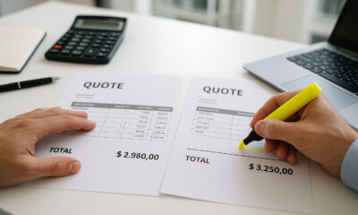 Photo hyperrealiste d'un bureau d'affaires avec des citations imprimées montrant des montants différents