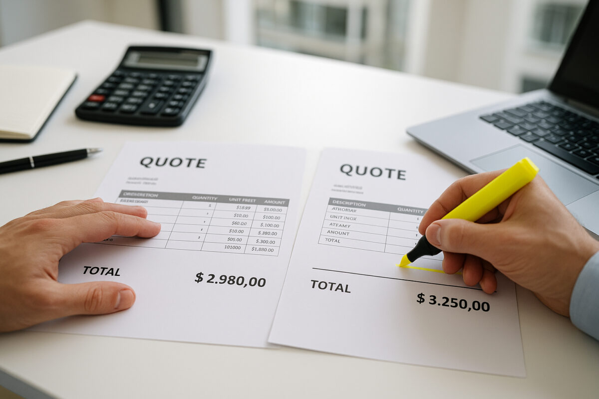 Photo hyperrealiste d'un bureau d'affaires avec des citations imprimées montrant des montants différents