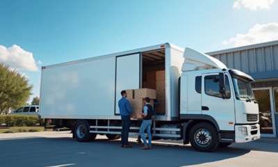 Camion blanc de livraison moderne devant une petite entreprise