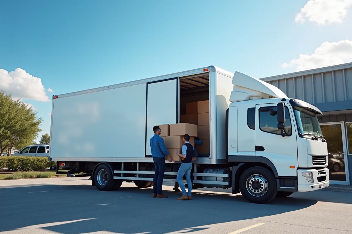 Camion blanc de livraison moderne devant une petite entreprise
