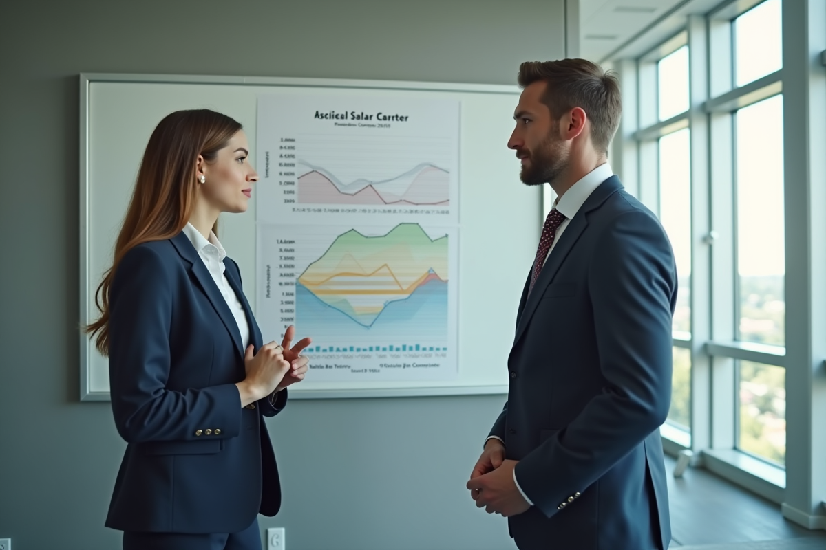 Deux collègues discutant devant un graphique de salaire