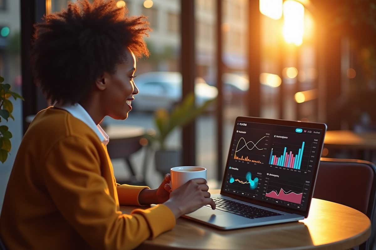Créatrice de contenu analysant ses statistiques sur un café en ville