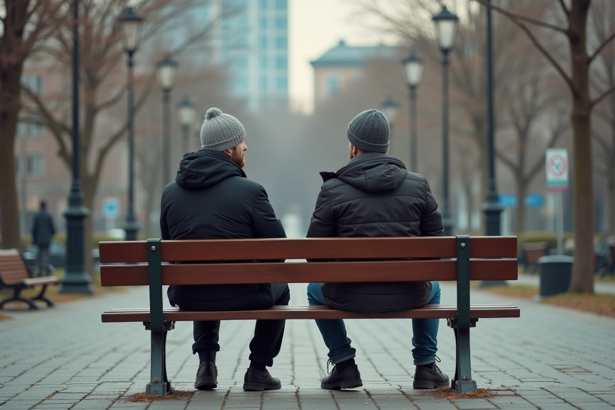 Deux jeunes hommes discutant sur un banc en ville