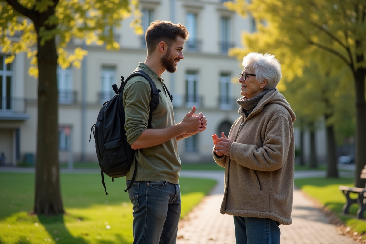 Jeune homme parlant avec une femme âgée dans un parc urbain