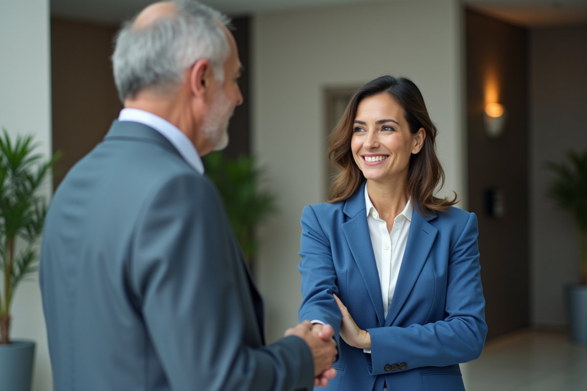 Femme en blazer bleu serrant la main d'un homme dans un bureau moderne