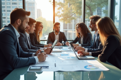 Groupe de professionnels analysant des graphiques de ventes en réunion