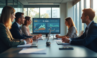 Equipe support diverse discutant de données et d'IA dans un bureau lumineux