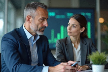 Homme executif en costume bleu discute avec une collegue en open space