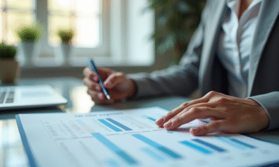 Femme d'affaires analysant une grille de salaire au bureau