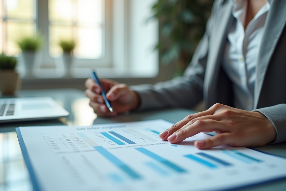 Femme d'affaires analysant une grille de salaire au bureau