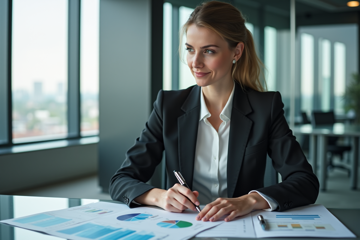 Femme d'affaires analysant des rapports colorés dans un bureau moderne