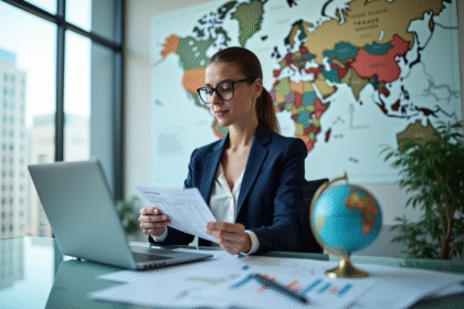 Femme d'affaires en costume regardant un graphique