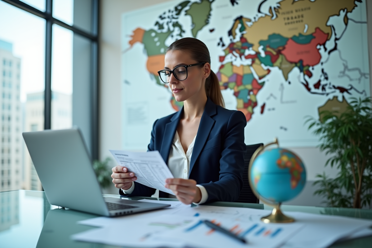 Femme d'affaires en costume regardant un graphique