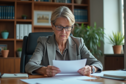 Femme d'affaires en bureau lisant des documents officiels