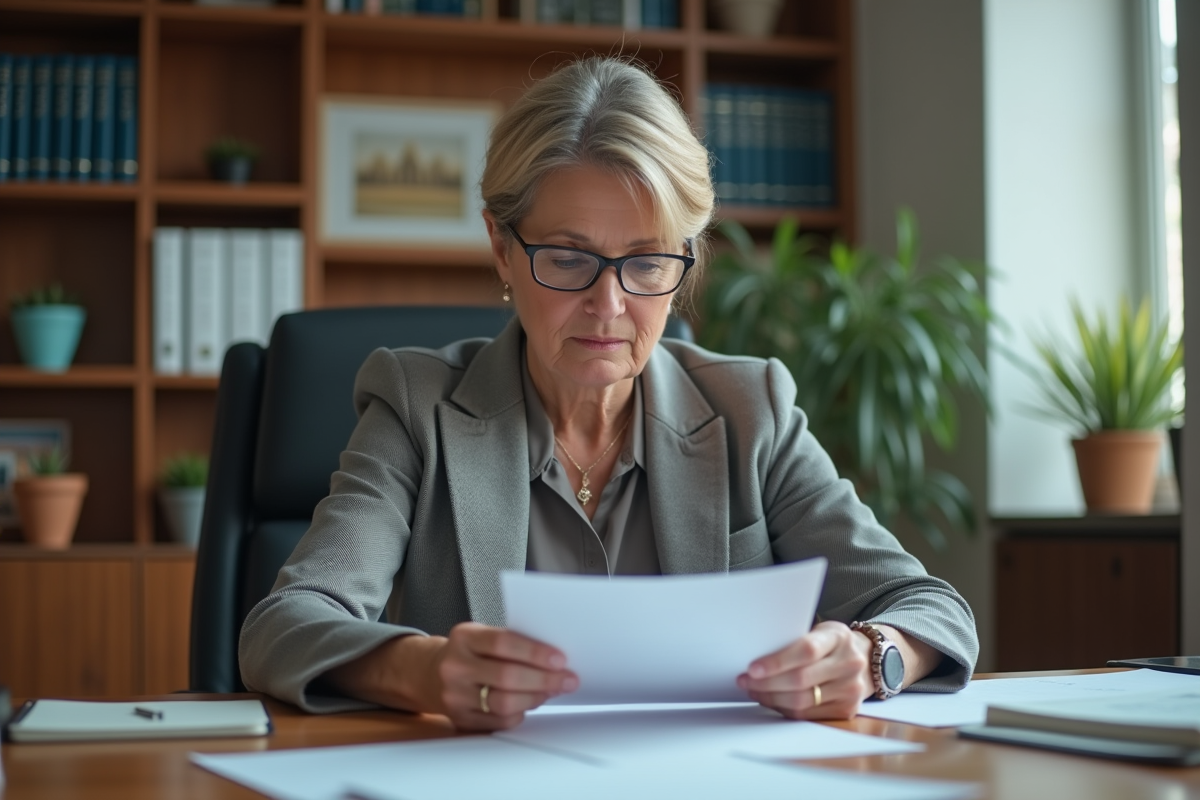 Femme d'affaires en bureau lisant des documents officiels