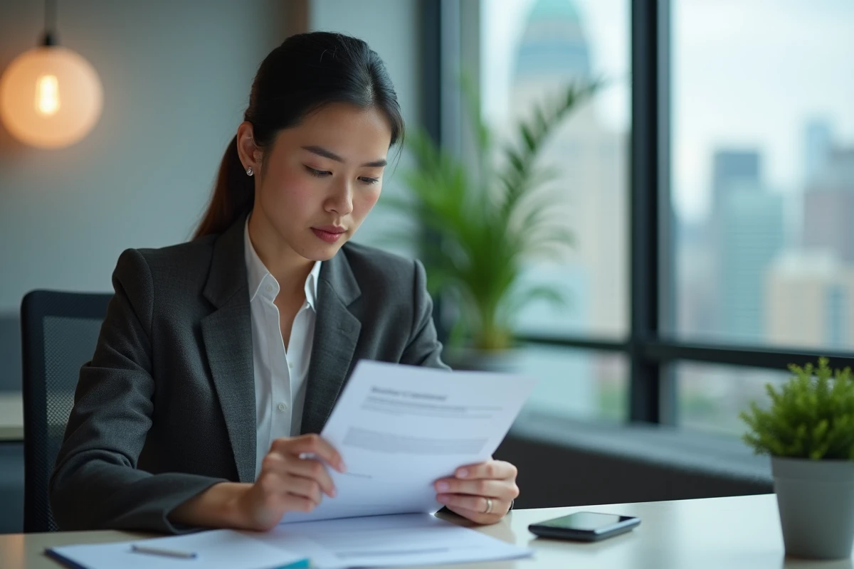 Femme d affaires en costume examine des documents de voyage