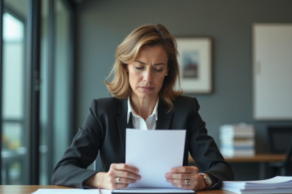 Femme d affaires lit un courrier de rejection dans un bureau moderne
