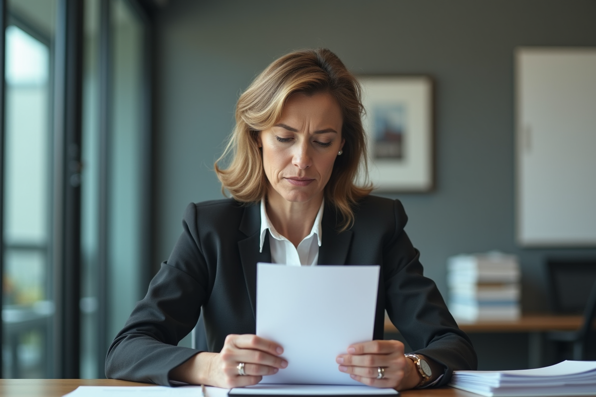 Femme d affaires lit un courrier de rejection dans un bureau moderne