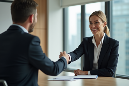 Femme d'affaires souriante serre la main à un client dans un bureau moderne