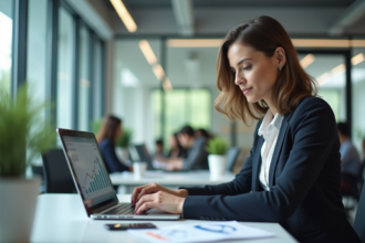 Femme d'affaires analysant des graphiques SEO au bureau