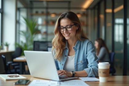 Femme souriante analysant des données SEO sur un ordinateur portable
