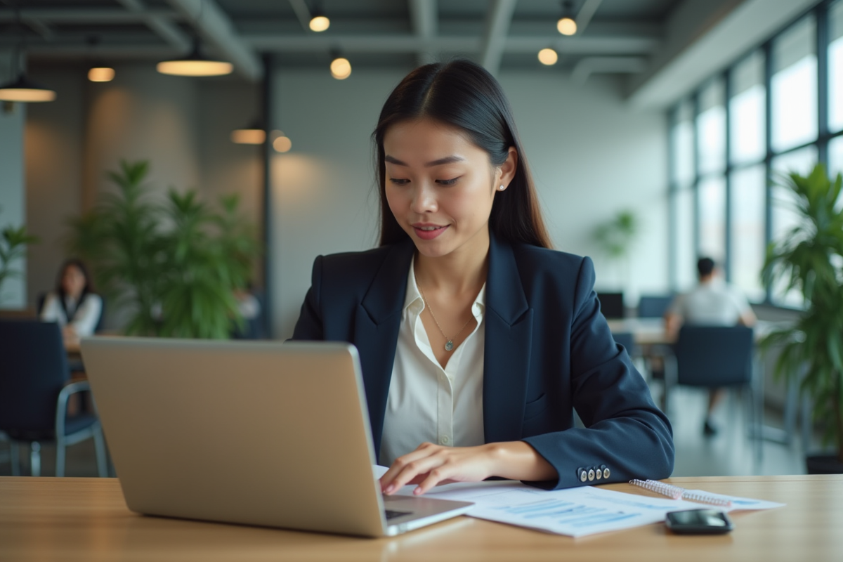 Femme d'affaires analysant des données marketing au bureau