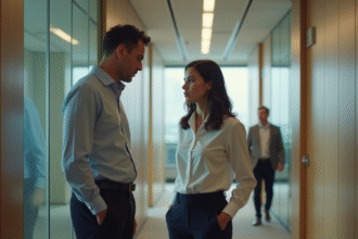 Femme s'excusant poliment dans un bureau moderne