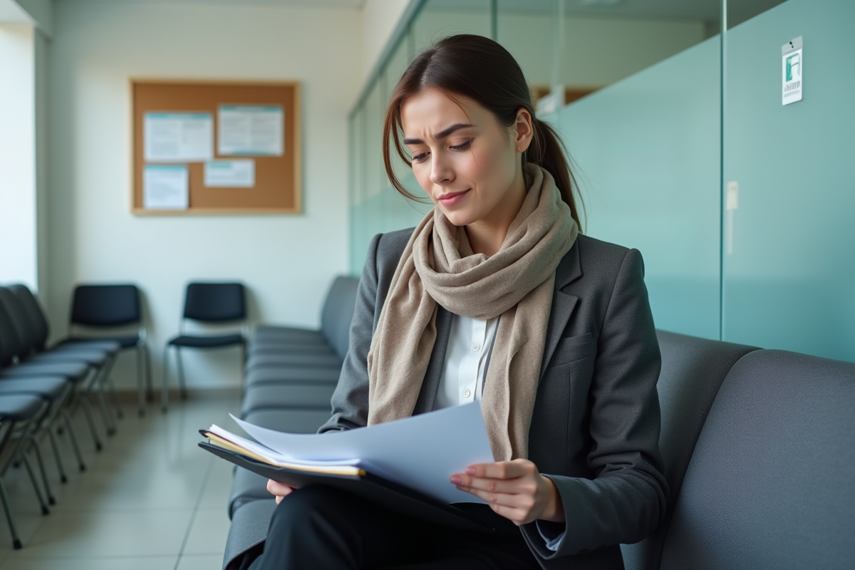 Femme en attente dans une salle moderne avec des formulaires