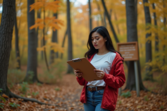 Femme autochtone examine un clipboard dans la forêt de maple