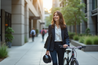 Jeune femme souriante avec vélo devant bureau moderne