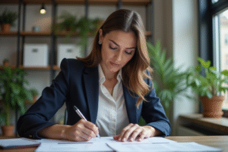 Femme professionnelle concentrée au bureau pour l'article