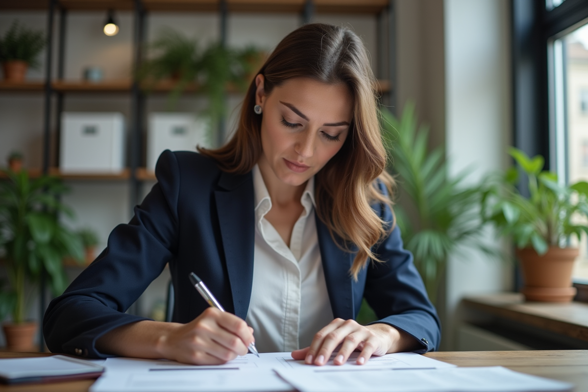 Femme professionnelle concentrée au bureau pour l'article