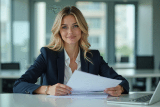 Femme d'âge moyen en tenue professionnelle dans un bureau lumineux
