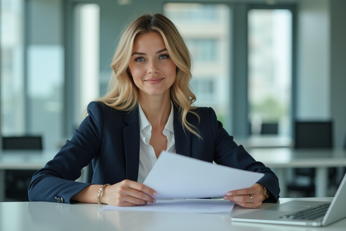 Femme d'âge moyen en tenue professionnelle dans un bureau lumineux