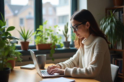 Jeune femme concentrée sur son ordinateur dans un appartement urbain