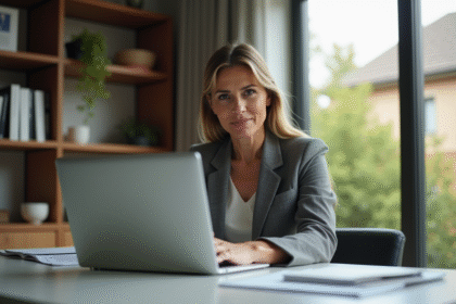 Femme professionnelle travaillant sur son ordinateur dans un bureau moderne