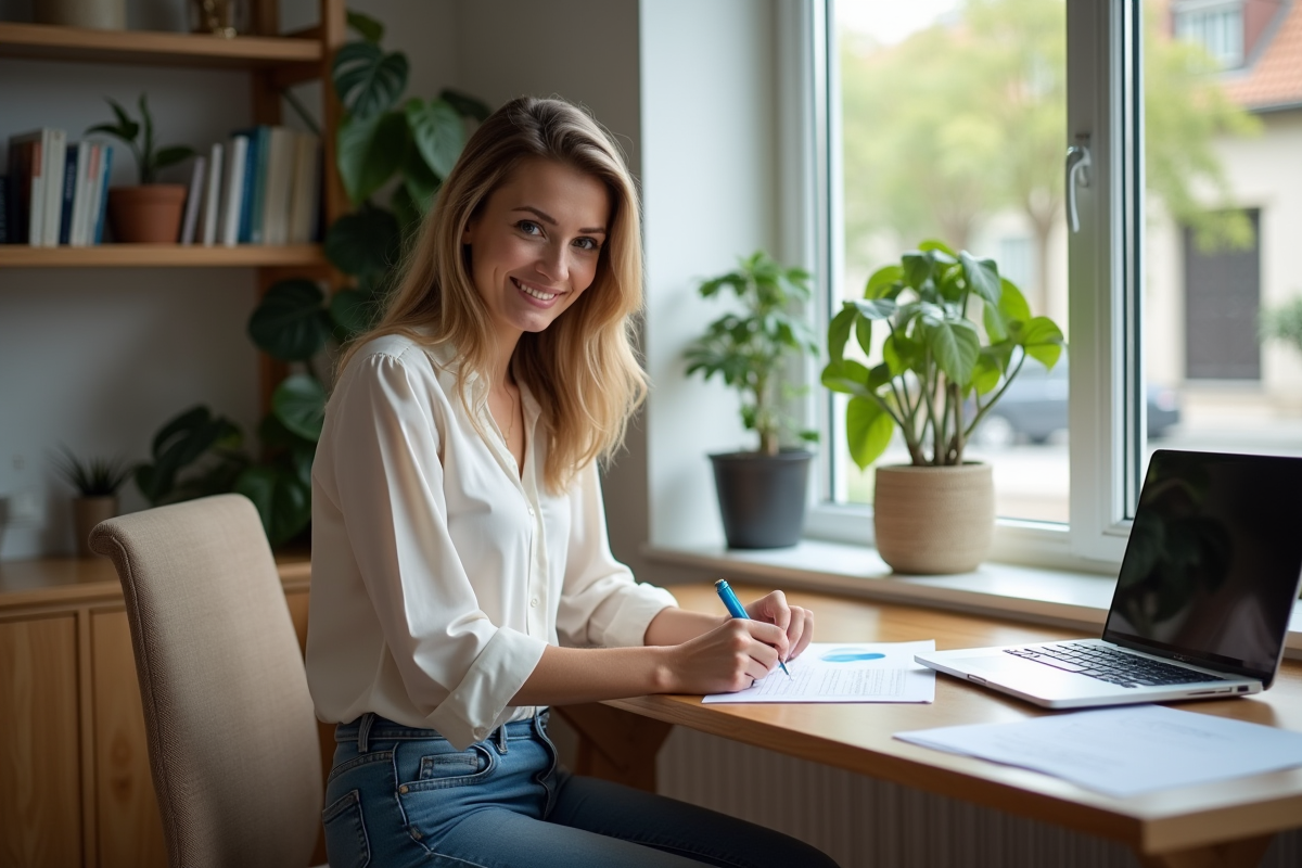 Femme au bureau moderne remplissant des papiers