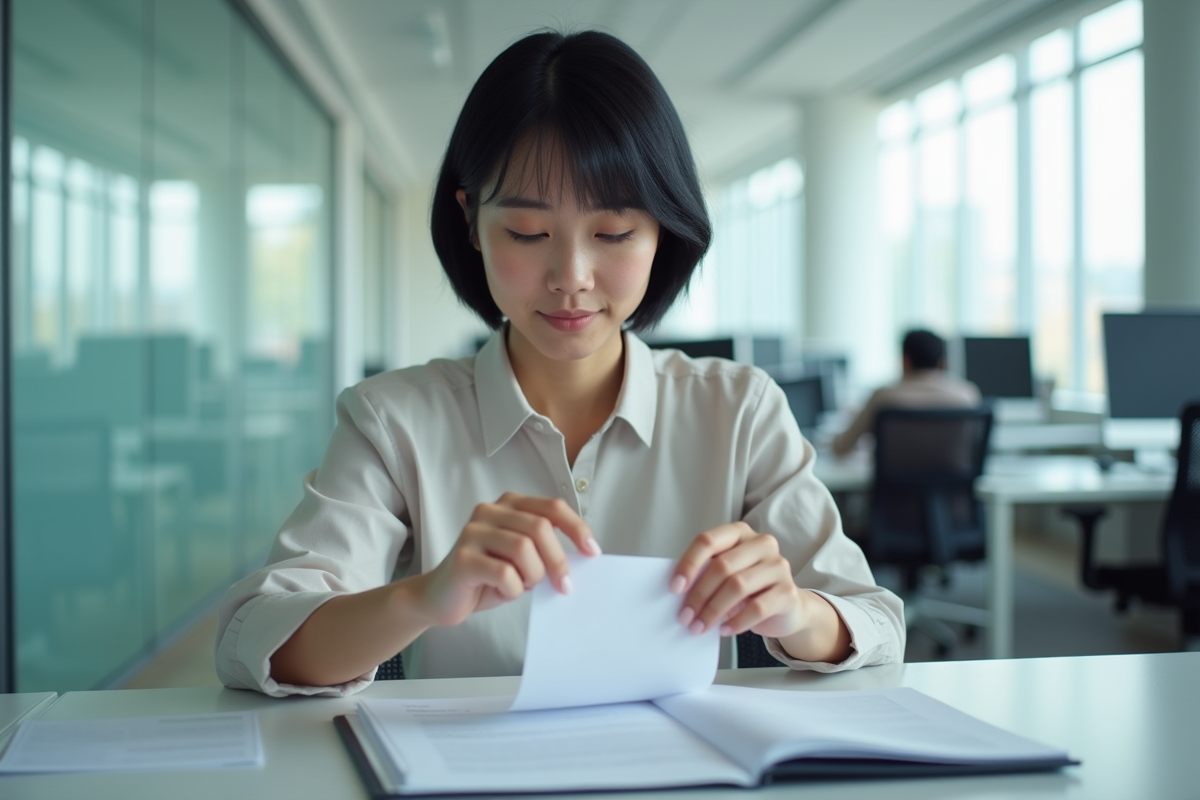 Jeune femme collant une étiquette sur des documents