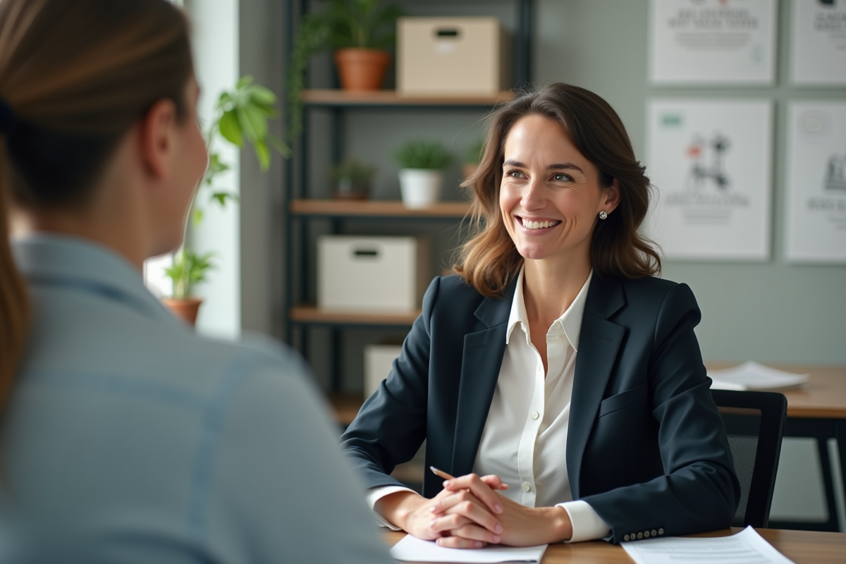 Femme professionnelle en bureau moderne écoute un client