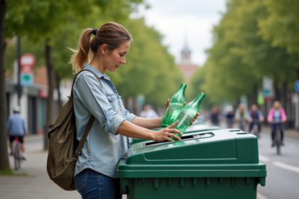 Femme d'âge moyen recyclant des bouteilles dans une poubelle urbaine