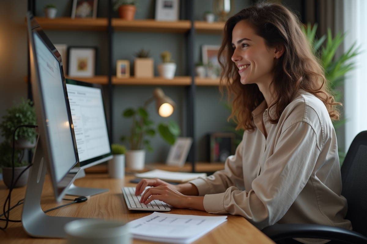 Jeune femme travaillant sur son ordinateur à domicile