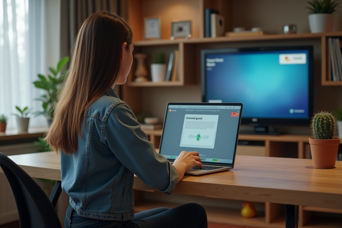 Jeune femme en casual travaille sur son ordinateur dans un bureau maison