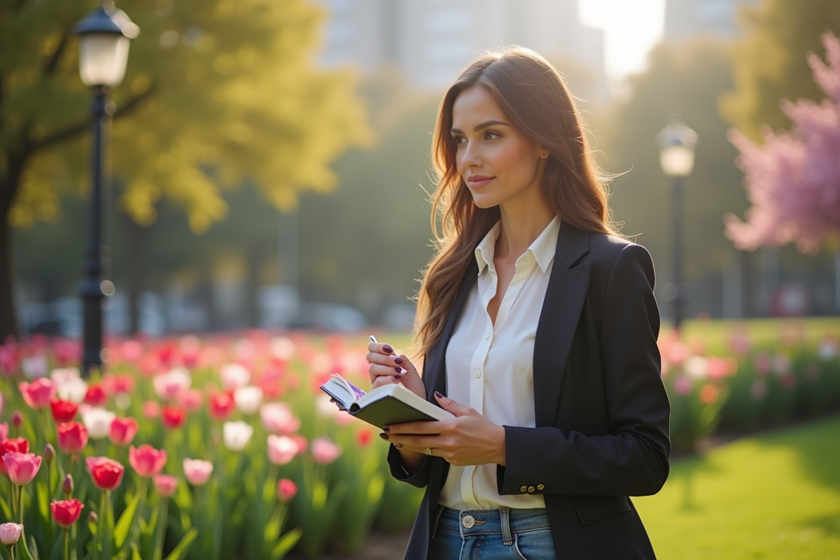 Femme élégante dans un parc urbain en matinée