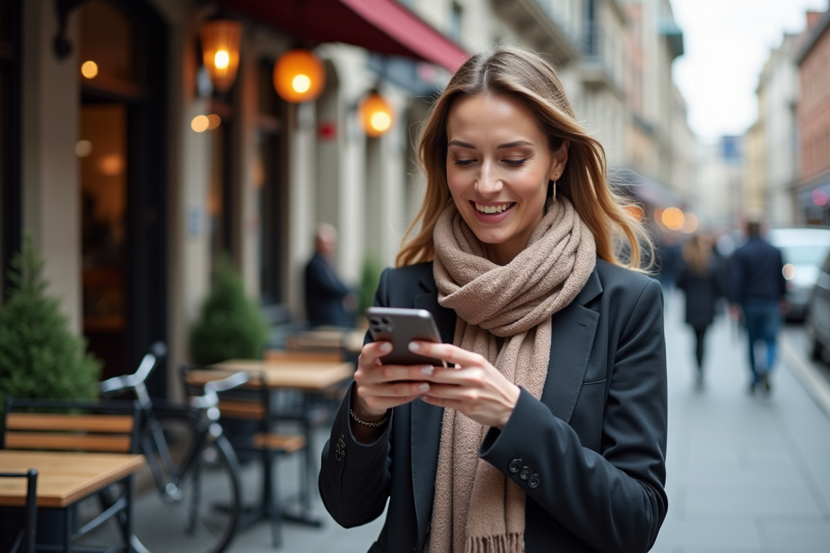 Femme en vidéo appel dans un café en milieu urbain