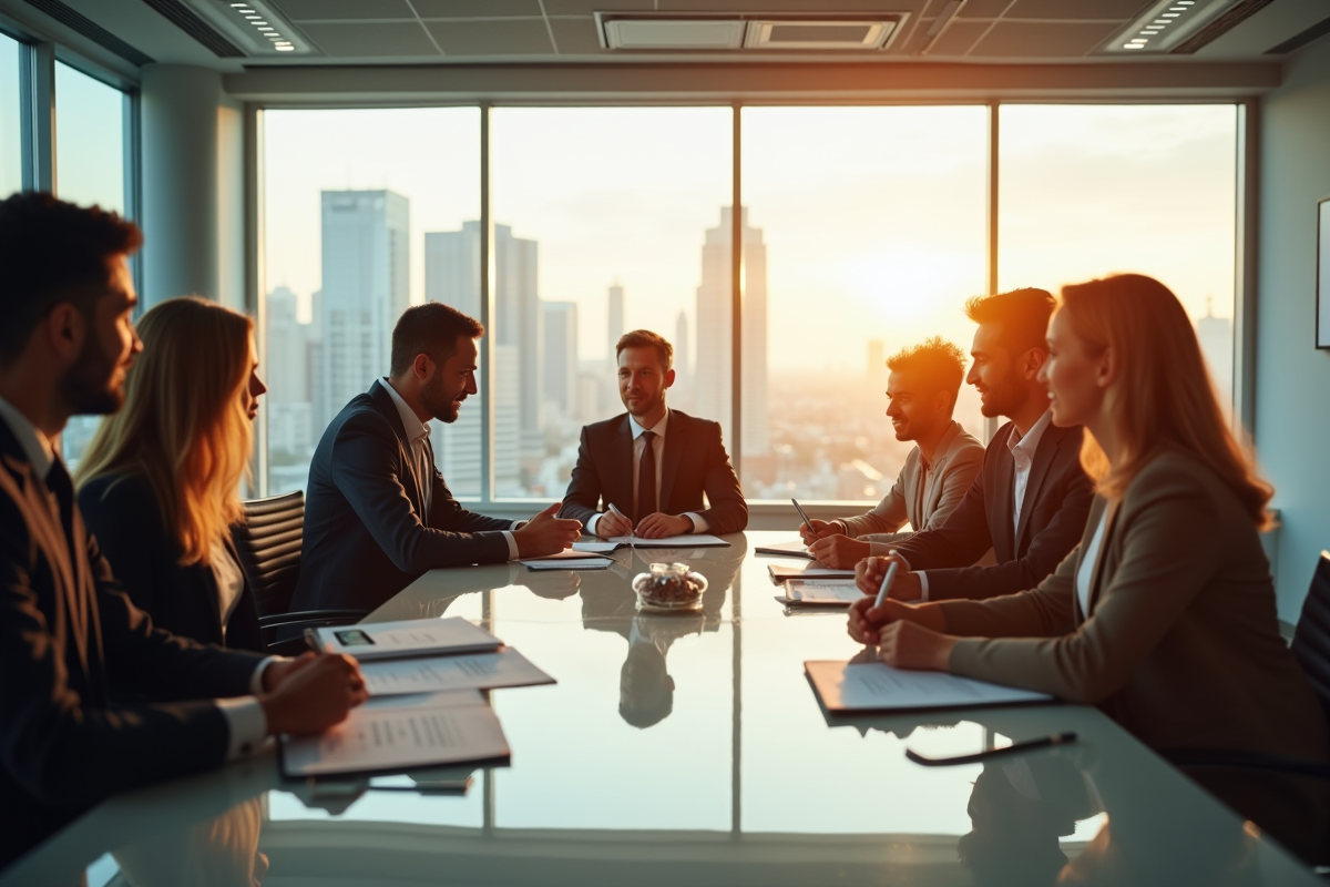 Groupe de professionnels en réunion dans un bureau lumineux