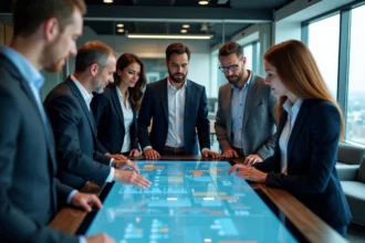 Groupe de professionnels autour d'une table digitale en réunion