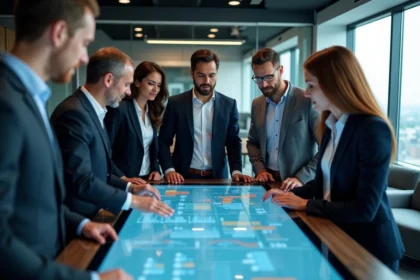 Groupe de professionnels autour d'une table digitale en réunion