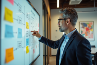 Homme d'affaires en réunion avec tableau blanc coloré